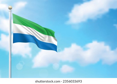 Waving flag of Sierra Leone on sky background. Template for independence day poster design