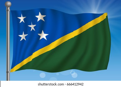 Waving flag of Solomon Islands on a sky background. Vector illustration