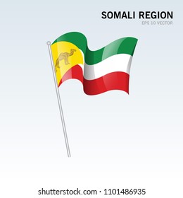 Waving flag of Somali Region regional states, self-governing administrations of Ethiopia on gray background
