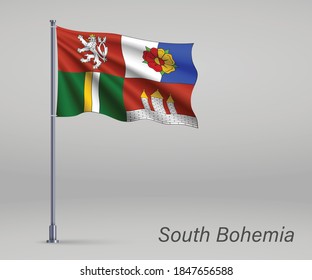 Waving flag of South Bohemia - region of Czech Republic  on flagpole. Template for independence day