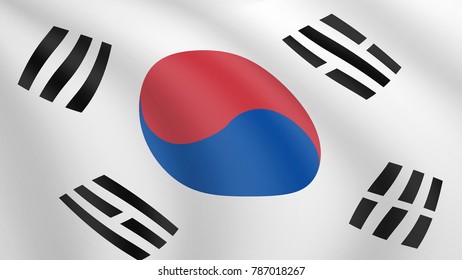 Waving flag of South Korea. Current national flag of Republic of Korea. Illustration of lying wavy shaded flag of ROK country. Background with south korean flag. Yin and yang. Trigrams.