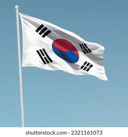 Bandera ondeando Corea del Sur en el asta de bandera. Plantilla para diseño de afiches del día de la independencia