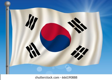 Waving flag of South Korea on a sky background. Vector illustration