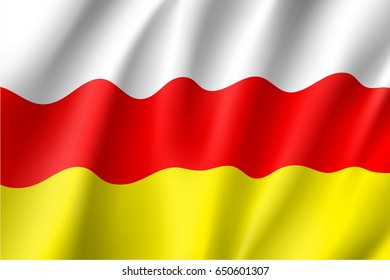 Waving flag of South Ossetia - partially recognised state. Patriotic south ossetian national sign. Symbol of territory on South Caucasus. Vector icon illustration