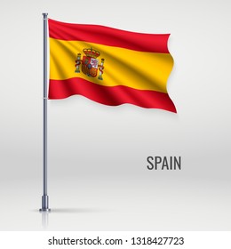 Waving flag of Spain on flagpole. Template for independence day poster design