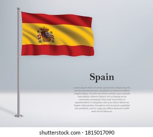 Bandera ondeando España en asta de bandera. Plantilla para diseño de afiches del día de la independencia