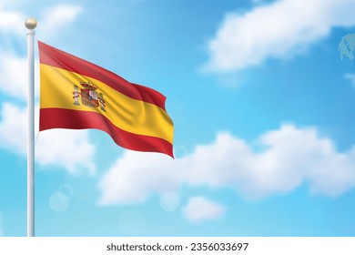 Waving flag of Spain on sky background. Template for independence day poster design