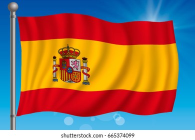 Waving flag of Spain on a sky background. Vector illustration