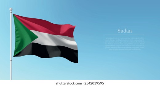 Winkende Flagge des Sudan auf einer Stange mit blauem Himmel Hintergrund mit Kopienraum