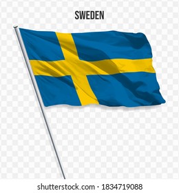 Waving flag of Sweden. Illustration of flag of the Europe on the flagpole. 3d vector icon isolated on transparent background