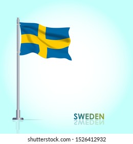 Waving flag of sweden on flagpole. Template for independence day poster design. Vector Illustration EPS 10