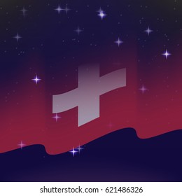 Waving flag of Switzerland. Background of the night starry sky. Shining in the colors of the national flag. vector illustration