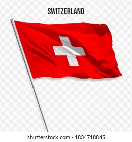 Waving Fahne der Schweiz. Illustration der Flagge des Europas auf dem Flagpol. 3D-Vektorsymbol einzeln auf transparentem Hintergrund