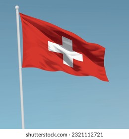 Waving flag of Switzerland on flagpole. Template for independence day poster design