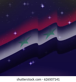 Waving flag of Syria. Background of the night starry sky. Shining in the colors of the national flag. vector illustration