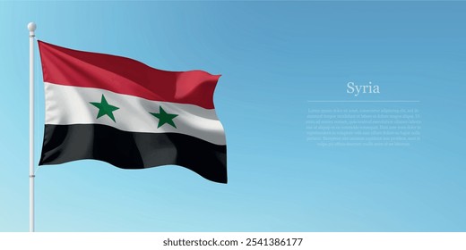 Waving flag of Syria on a pole with a blue sky backdrop with copyspace