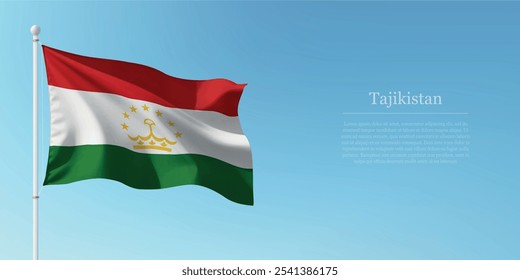 Waving flag of Tajikistan on a pole with a blue sky backdrop with copyspace