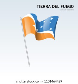 Waving flag of Tierra del Fuego provinces,autonomous city of Argentina on gray background