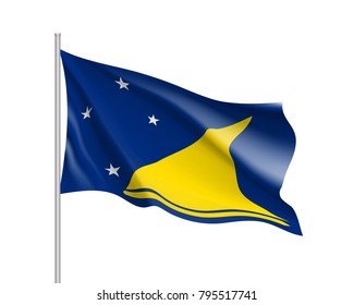 Waving flag of Tokelau Islands. Illustration of Oceania country flag on flagpole. Vector 3d icon isolated on white background