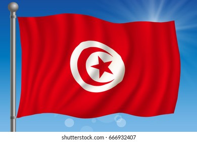 Waving flag of Tunisia on a sky background. Vector illustration
