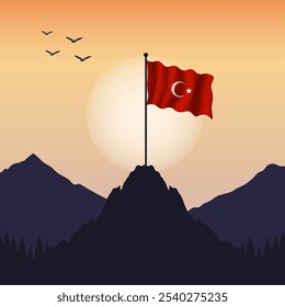 Waving flag of Turkey on flagpole on the top of the mountain