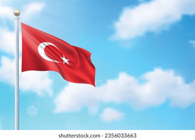 Waving flag of Turkey on sky background. Template for independence day poster design