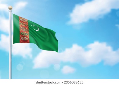 Waving flag of Turkmenistan on sky background. Template for independence day poster design