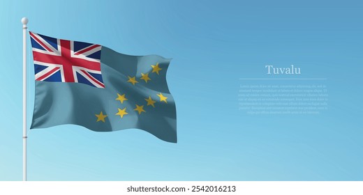 Waving flag of Tuvalu on a pole with a blue sky backdrop with copyspace