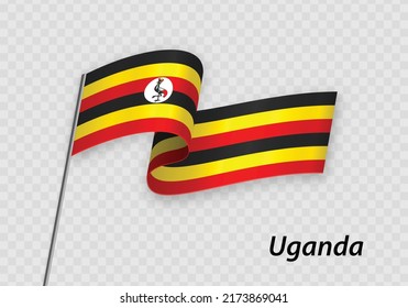 Bandera ondeando Uganda en el asta de bandera. Plantilla para el diseño del día de la independencia