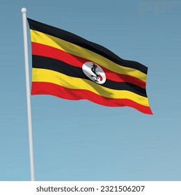 Waving flag of Uganda on flagpole. Template for independence day poster design