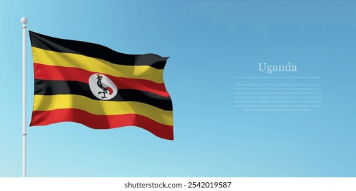 Waving Fahne von Uganda auf einem Pol mit blauem Himmel Hintergrund mit Kopienraum