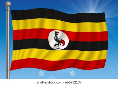 Waving flag of Uganda on a sky background. Vector illustration