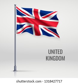 Waving flag of United KIngdom on flagpole. Template for independence day poster design