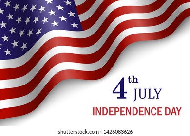 waving flag of United States of America on white background. Template for independence day.