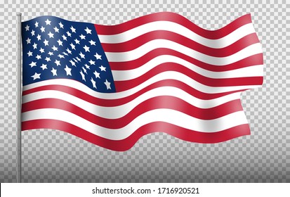 Waving Flag of the United States of America On Transparent Background. American Flag for Independence Day. Vector EPS10