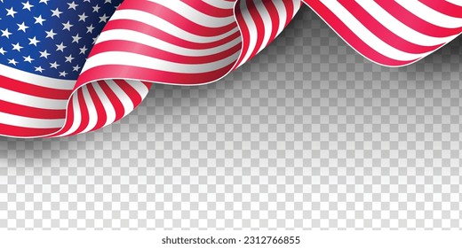 ondeando la bandera de los Estados Unidos de América. Ilustración de la ondulada bandera estadounidense para el Día de la Independencia, el Día del Trabajo y el Día del Recuerdo. Bandera estadounidense ondeando sobre fondo transparente.