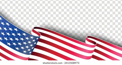 Bandera ondulante de los Estados Unidos de América. ilustración del ondulado Día de la Independencia de Estados Unidos. Bandera Americana ondeando. Bandera estadounidense sobre fondo transparente - ilustración vectorial.