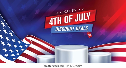 Waving flag of the United States of America. illustration of wavy American Flag for Independence Day with product display cylindrical shape. Vector illustration.