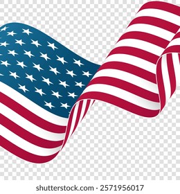 Waving Flag of the United States of America. Transparent background. Graphic template for American national holidays greetings cards and festive backgrounds. Vector illustration.