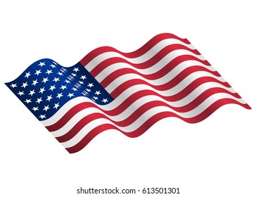 waving flag of the United States of America. Illustration of a waving flag of the United States of America. US flag in rippling with wind. USA design over white background, vector illustration.