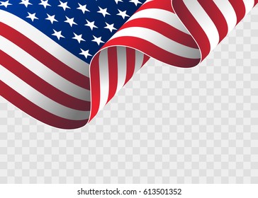 развевающийся флаг Соединенных Штатов Америки. иллюстрация волнистого американского флага ко Дню независимости. Американский флаг на прозрачном фоне - векторная иллюстрация.