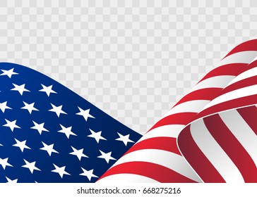 Waving flag of the United States. illustration of wavy American Flag for Independence Day. American flag on transparent background vector illustration. US, USA, banner.