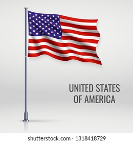 Waving flag of United States on flagpole. Template for independence day poster design