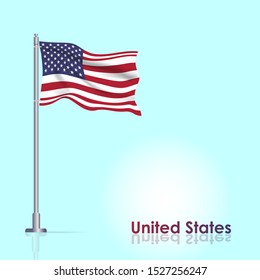 Waving flag of United States on flagpole. Template for independence day poster design. Vector Illustration EPS 10