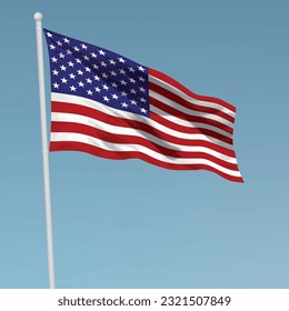 Waving flag of United States on flagpole. Template for independence day poster design