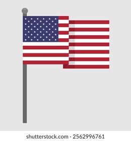 Waving flag of the United States on a gray flagpole. Vector decorative element