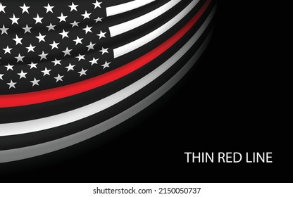 Bandera ondulante de Estados Unidos con línea roja delgada sobre fondo oscuro. Plantilla vectorial de banderas o cintas 