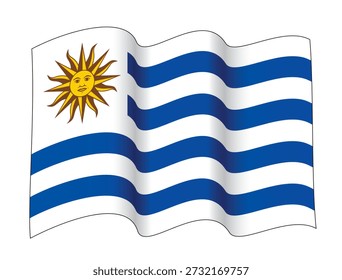 Waving Flag of Uruguay in Two Waves Configuration, vector illustration isolated on white background.eps