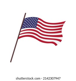 Waving flag of USA, United States of America. Isolated american flag with red and white stripes and 50 stars. Vector flat illustration.