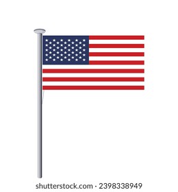 Bandera ondeando EE.UU. en fondo blanco. Bandera de Estados Unidos en el poste por el Día de la Independencia. El símbolo del estado en tela ondulada.